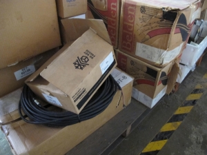 LOT TO INCLUDE: (1) CABLE, ELECTRICAL TYPE, 50 FT SIZE, 5 CONDUCTOR CONDUCTOR, SHIELDED KIND. 50 FT. CABLE WITH MATING VP 6.0 CONNECTOR, (8) PIGTAILS, ELECTRICAL TYPE, COLLECTOR SHOE KIND, 8 FT LG SIZE, (100) CONNECTORS, ELECTRICAL TYPE, 4/0 AWG CONDUCTOR, TERMINAL KIND. (2) 1/2" STUD, UNINSULATED, (4) CABLES, ELECTRICAL TYPE, 22 AWG SIZE, 93 OHMS RATING, COPPER MATERIAL, 2 CONDUCTOR, COAXIAL, RG-62A/U KIND. SHIELDED, COPPERWELD, VINYL JACKETED, POLYETHYLENE INSULATED, 1000 FT LG. LOADING & HANDLING FEE $15-4081